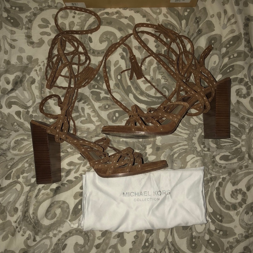 Tan lace up block heeled sandals